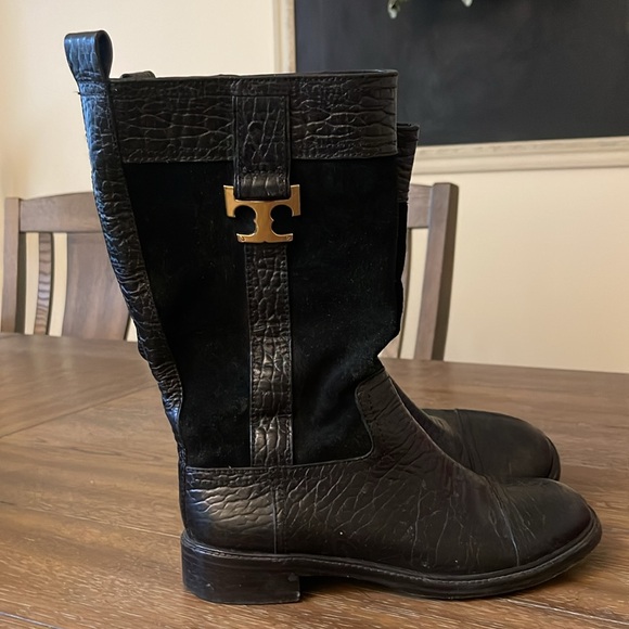 TORY BURCH Corey Coconut Croc Embossed Leather Cap Toe Mid Calf Boots - Picture 3 of 3